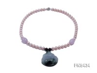 Natural Lavender Round Freshwater Pearl Necklace with Buddha-Shaped Jade Pendant
