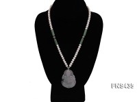 Natural White Flat Freshwater Pearl Necklace with Kwan-Yin-Shaped Jade Pendant