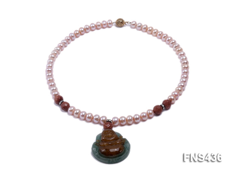 Natural lavender flat freshwater pearl necklace with buddha-shaped emerald pendant
