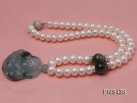 natural white flat freshwater pearl necklace with natural jade and buddha-shaped emerald pendant