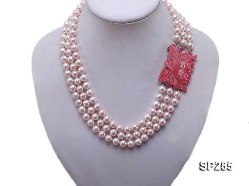 8mm pink round the south seashell pearl three-strand necklace