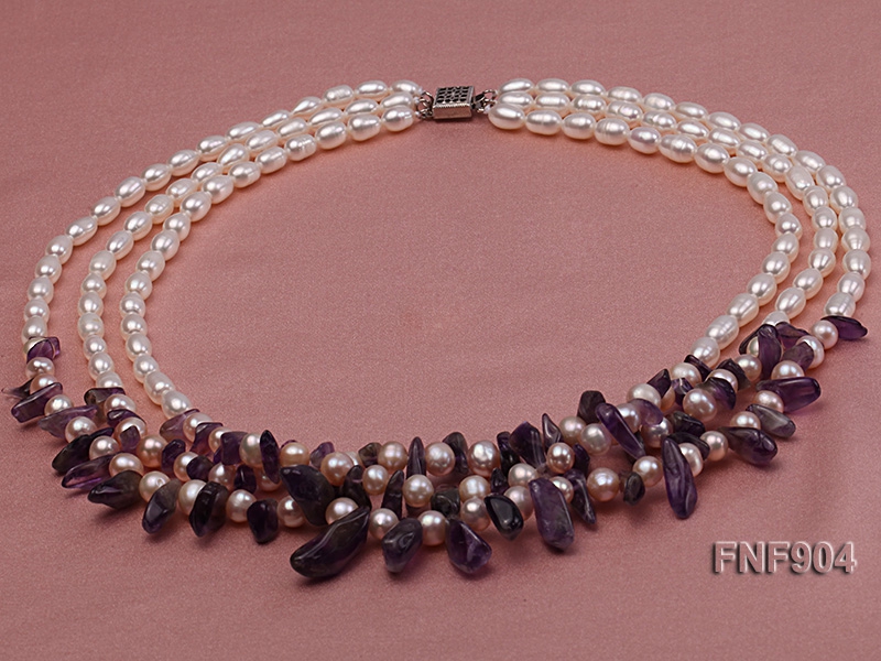 Three-strand White and Light-purple Freshwater Pearl and Purple Crystal Chips Necklace