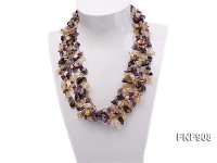 Three-strand Colorful Crystal Chips and Brown Button Pearl Necklace