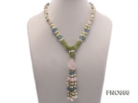 6-7mm natural white freshwater pearl with peridot chips and blue drop crystal opera necklace