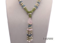6-7mm natural white freshwater pearl with peridot chips and blue drop crystal opera necklace