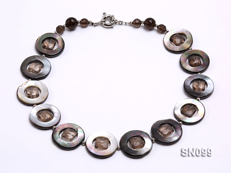 24mm Shell Circles and 10x14mm Smoky Quartz Beads Necklace