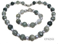 14mm Round Green Gemstone with Freshwater Pearl Necklace and Bracelet set