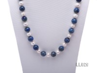 14mm Round Azure Blue Lapis Lazuli Beads & 13mm Freshwater Pearls Necklace