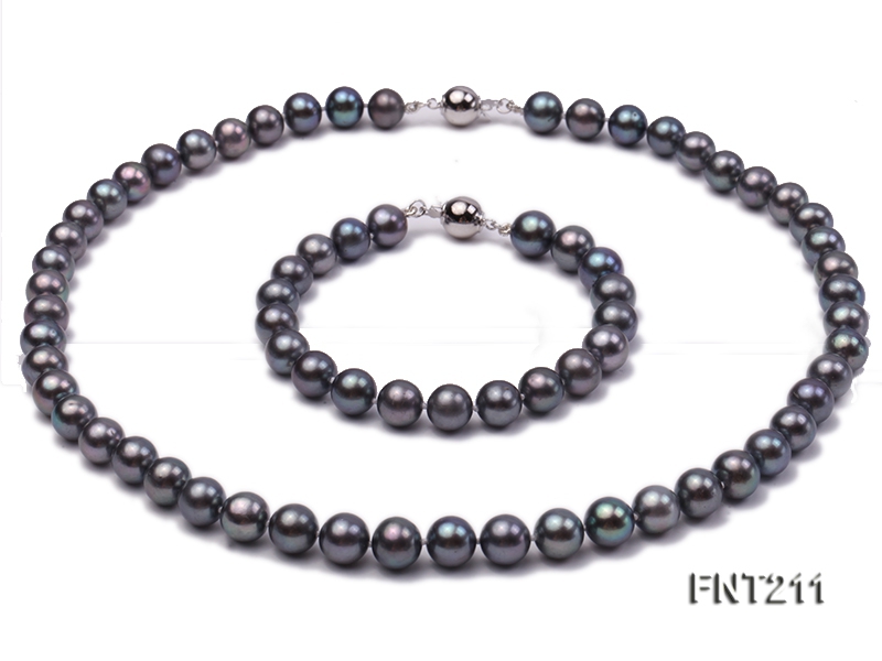 8mm Black Round Freshwater Pearl Necklace and Bracelet Set