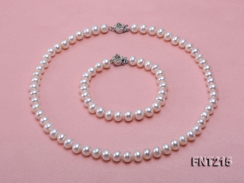 8mm White Flat Freshwater Pearl Necklace and Bracelet Set