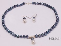 8mm black round freshwater pearl with sterling silver pendant necklace with dangle earrings