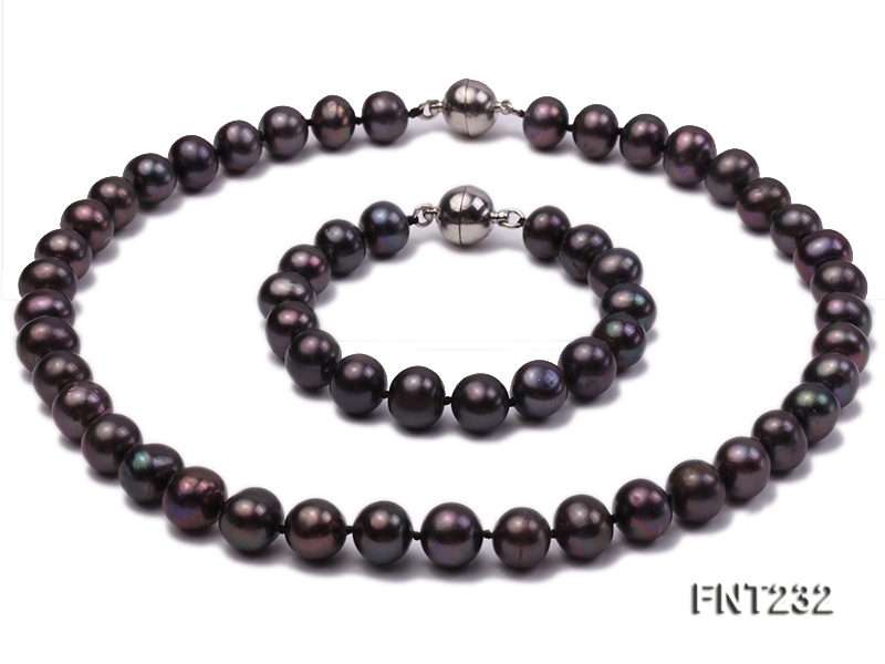 11.5-13mm Dark-purple Flat Freshwater Pearl Necklace and Bracelet Set