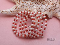 5 strand white freshwater pearl and red crystal bracelet