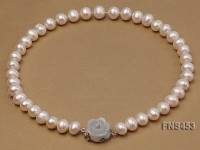 10-11mm natural white off-round freshwater pearl single strand necklace with shell flower clasp