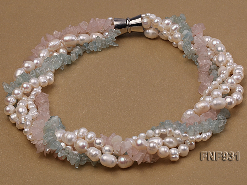 Five-strand Freshwater Pearl and Pink and Blue Crystal Chips Necklace