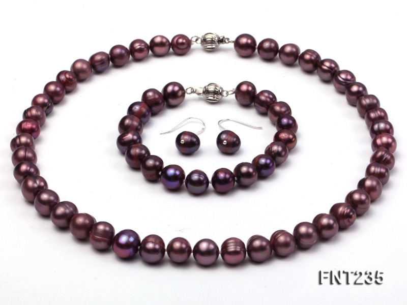 9mm Purple Freshwater Pearl Necklace, Bracelet and Stud Earrings Set