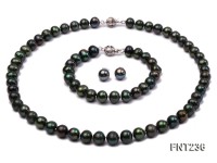 9mm Peacock Green Freshwater Pearl Necklace, Bracelet and Stud Earrings Set