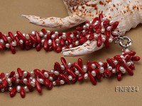Four-strand 4x6mm White Freshwater Pearl and Red Coral Beads Necklace
