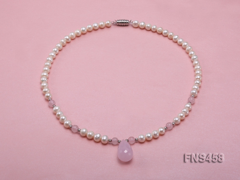 Natural 6-7mm white round freshwater pearl necklace with natural rose quartz