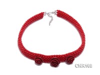 3.5mm Red Round Woven Coral Necklace with Carved Flowers