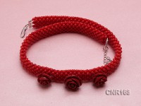 3.5mm Red Round Woven Coral Necklace with Carved Flowers