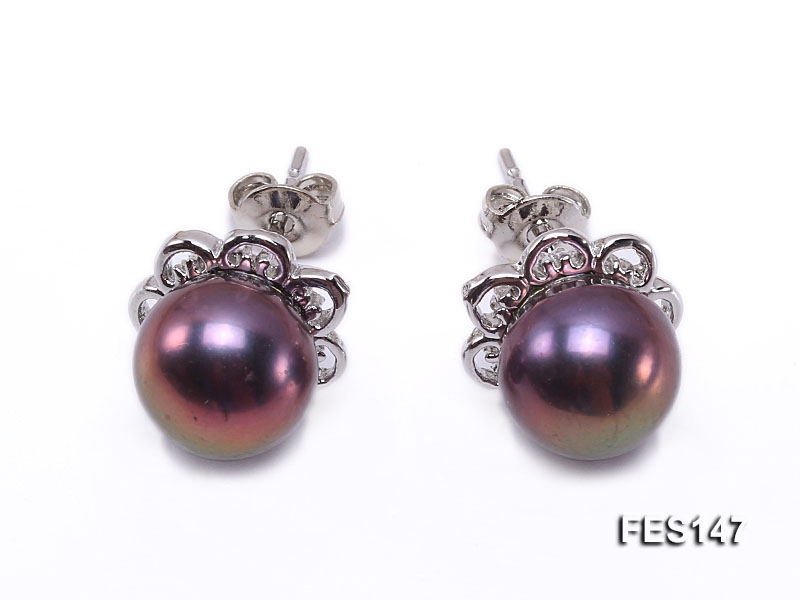 8mm Dark-purple Flat Freshwater Pearl Earrings