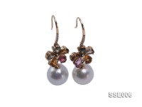 12.5mm white round south sea pearl earring with 14k yellow gold and tourmaline