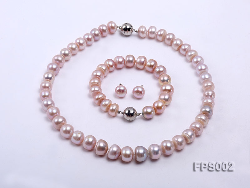 11-13mm Lavender Flat Freshwater Pearl Necklace, Bracelet and Stud Earrings Set