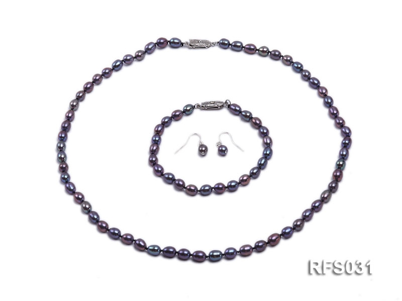 6-7mm Black Rice-shaped Freshwater Pearl Necklace, Bracelet and earrings Set