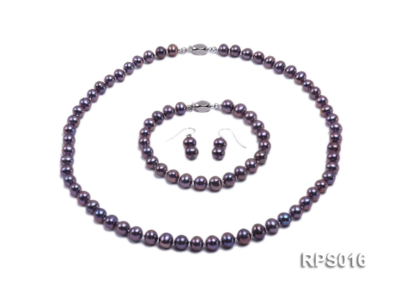7-8mm dark purple round freshwater pearl necklace,bracelet and earring set