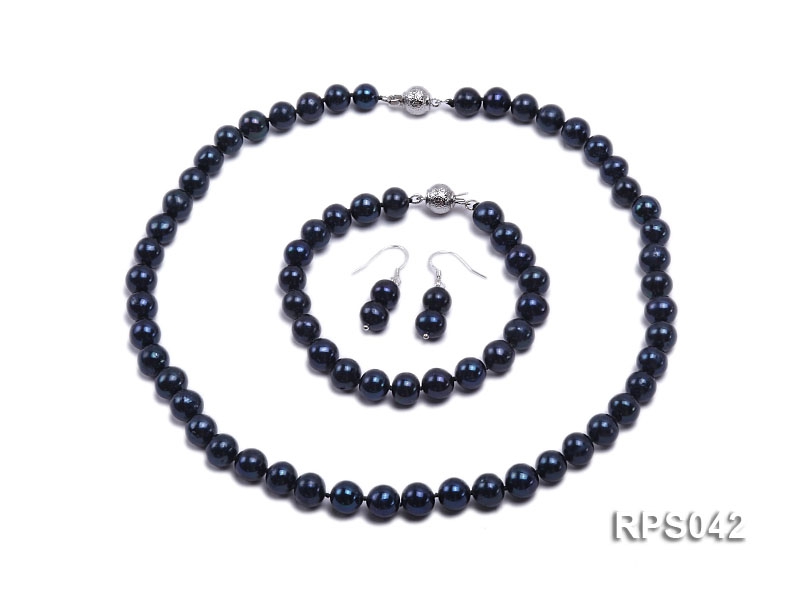 8-9mm black round freshwater pearl necklace,bracelet and earring set