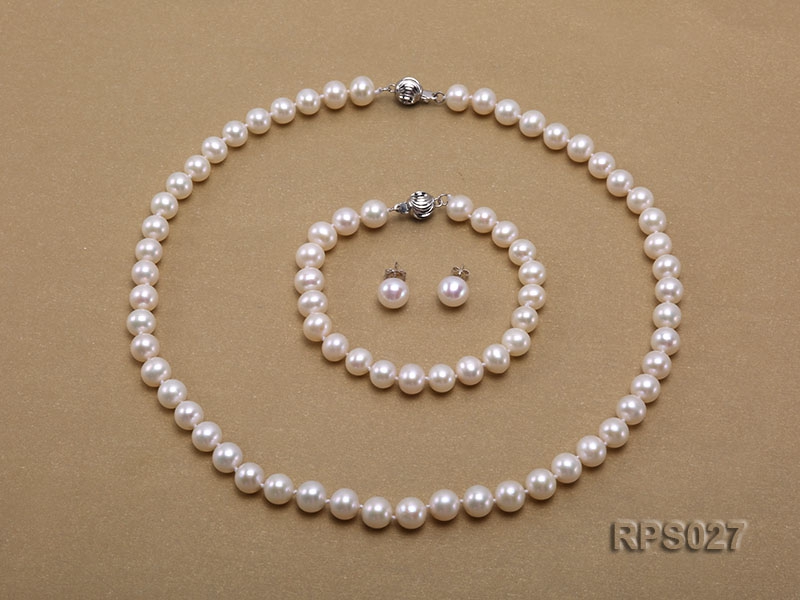 8-9mm white round freshwater pearl necklace,bracelet and earring set