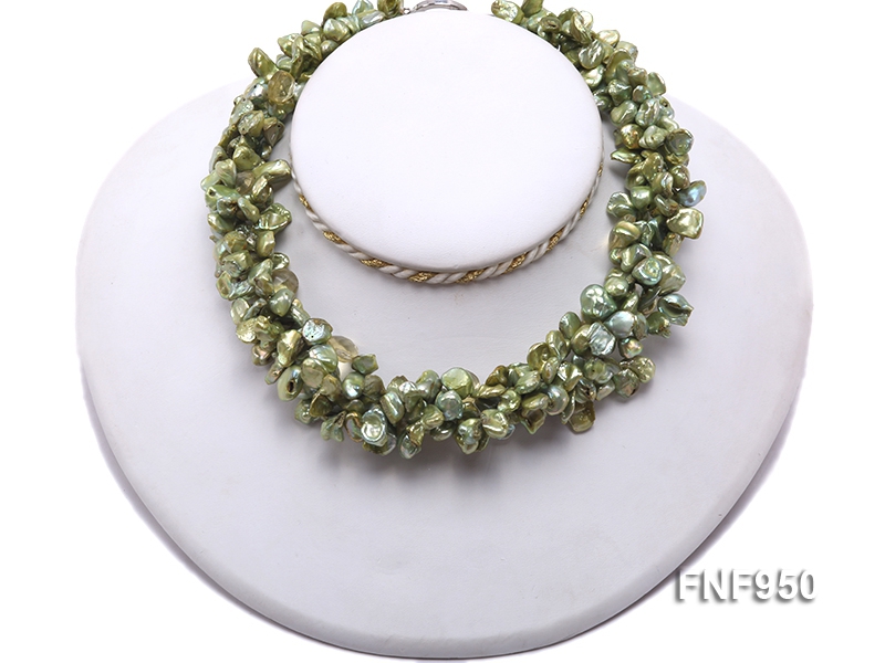 Four-strand 7x11mm Yellow-green Baroque Freshwater Pearl and 9x12mm Crystal Beads Necklace