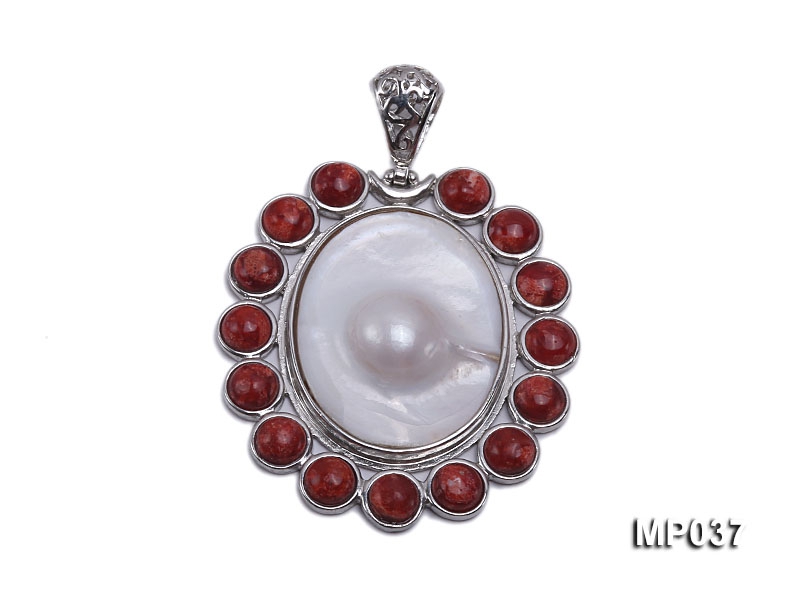 45x50mm oval mabe pearl pendant circled with red sponge coral