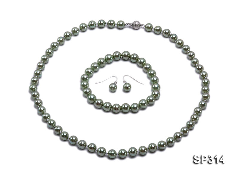 8mm grass green round seashell pearl necklace and bracelet set