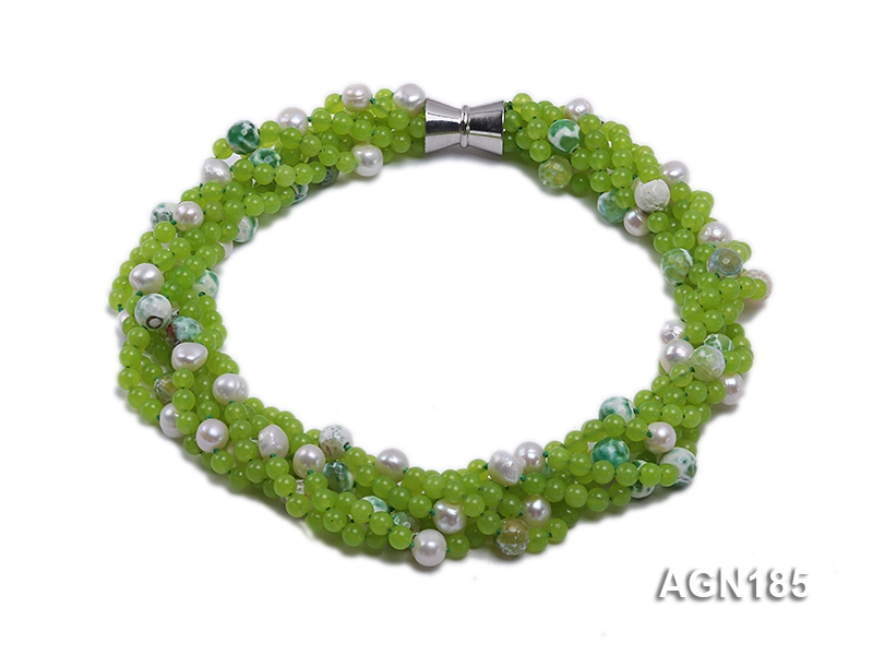 6-strand apple-green agate & freshwater pearl necklace