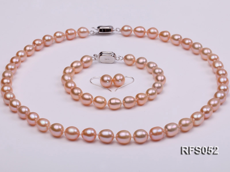 7.5-8mm Pink Rice-shaped Freshwater Pearl Necklace, Bracelet and earrings Set