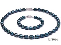 8-9mm Peacock Blue Rice-shaped Freshwater Pearl Necklace and Bracelet Set