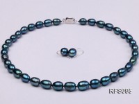 8-9mm Peacock Blue Rice-shaped Freshwater Pearl Necklace and earrings Set