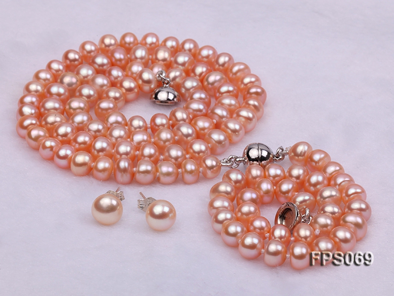 6-7mm AA Pink Flat Freshwater Pearl Necklace, Bracelet and Stud Earrings Set