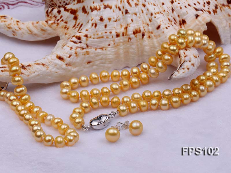 7-8mm AA Golden Flat Freshwater Pearl Necklace, Bracelet and Stud Earrings Set