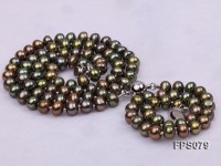 6-7mm AA Peacock Green Flat Freshwater Pearl Necklace and Bracelet Set