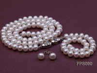 7-8mm AA White Flat Freshwater Pearl Necklace, Bracelet and Stud Earrings Set