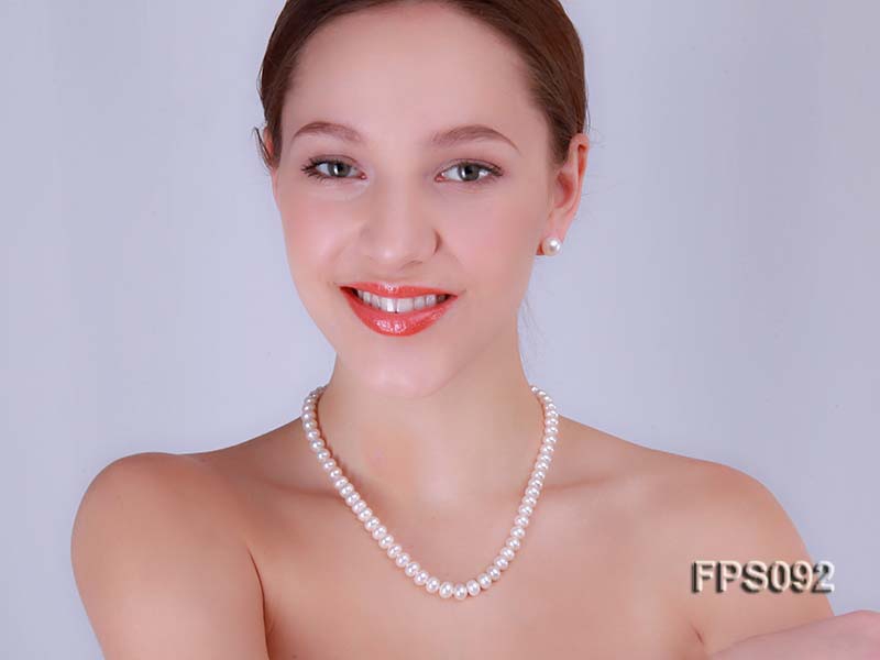 7-8mm AA White Flat Freshwater Pearl Necklace and Stud Earrings Set