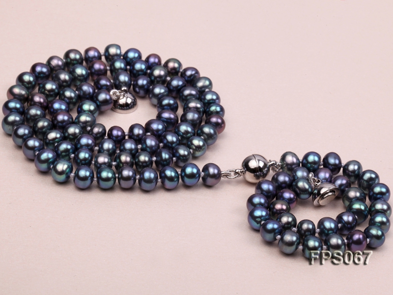 6-7mm AA Black Flat Freshwater Pearl Necklace and Bracelet Set