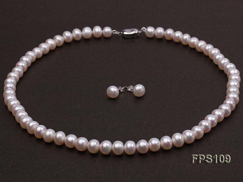 8-9mm AA White Flat Freshwater Pearl Necklace and Stud Earrings Set