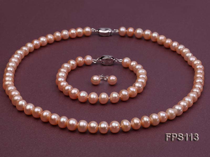 8-9mm AA Pink Flat Freshwater Pearl Necklace, Bracelet and Stud Earrings Set