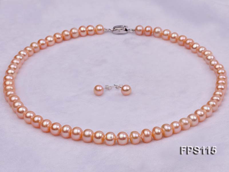 8-9mm AA Pink Flat Freshwater Pearl Necklace and Stud Earrings Set