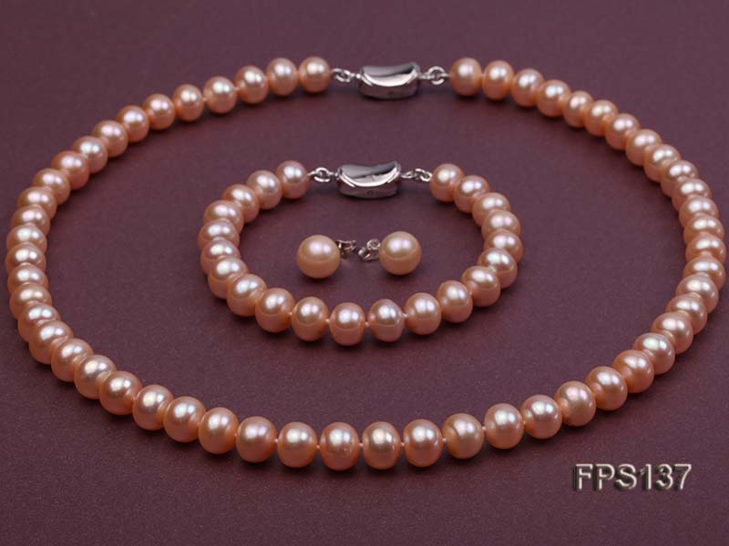 9-10mm AA Pink Flat Freshwater Pearl Necklace, Bracelet and Stud Earrings Set