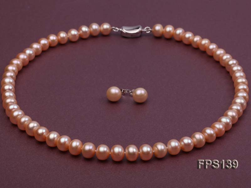 9-10mm AA Pink Flat Freshwater Pearl Necklace and Stud Earrings Set